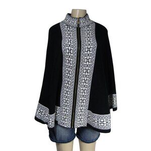 ANNE KLEIN PONCHO Cape Sweater Black Geometric Abstract Gold Lion Zipper L